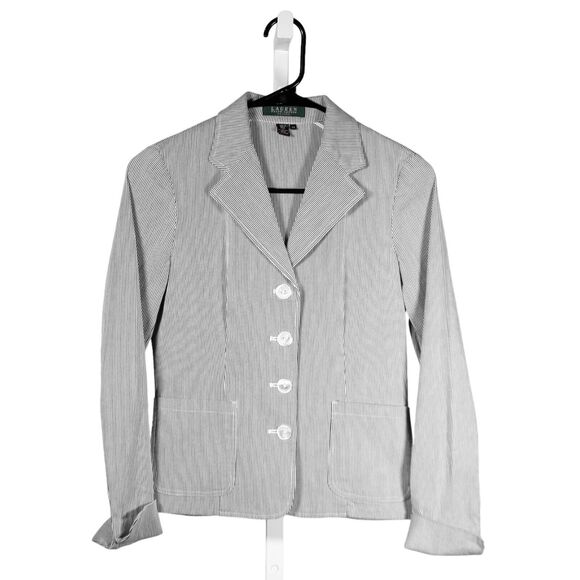 Ralph Lauren Womens Blazer Gray White Striped Stretch Career Work Suit Jacket PP - Picture 1 of 9